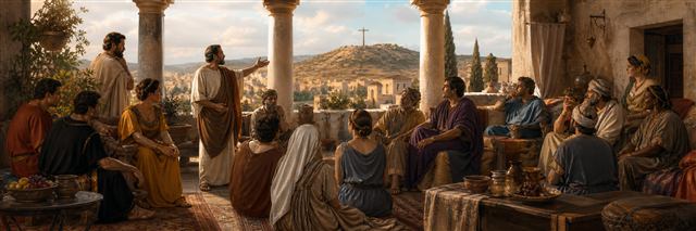 A teacher addressing divided groups in a Corinthian courtyard with a distant wooden cross-shaped beam on a hill